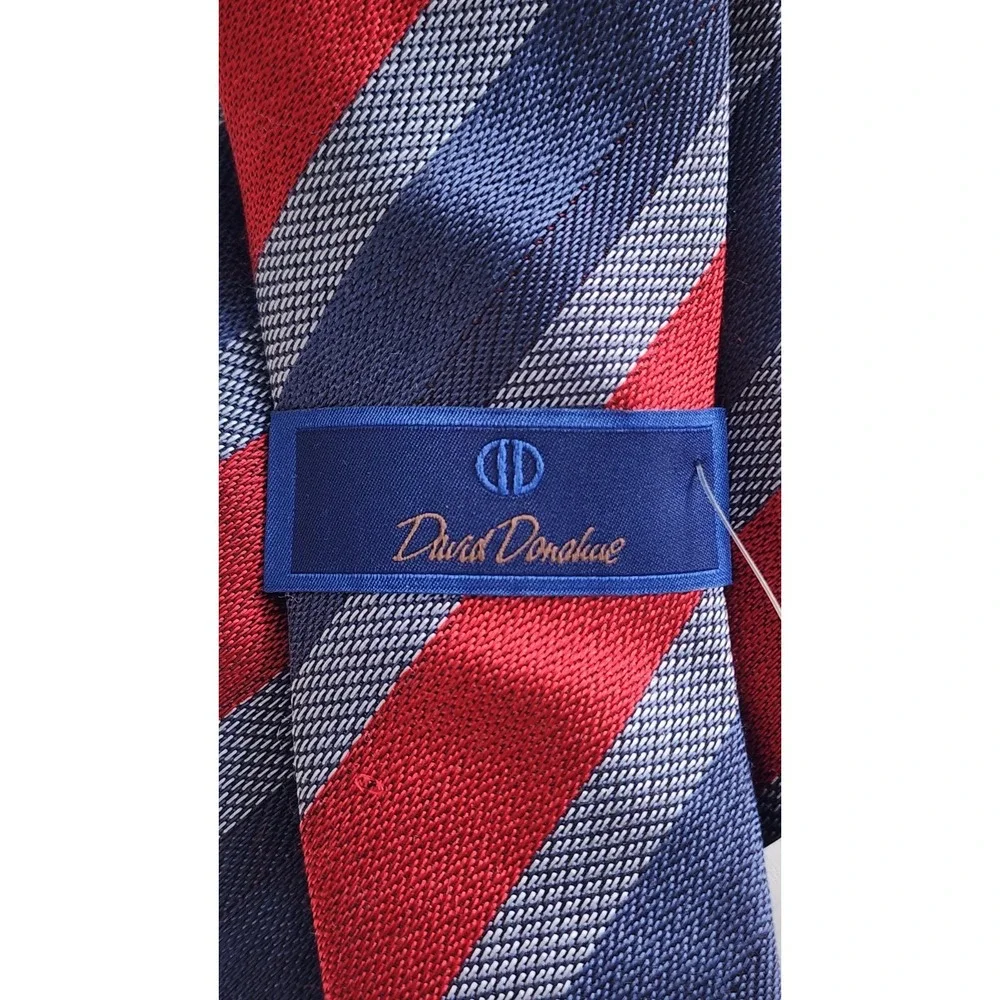 $139 NWT David Donahue Men's Red Blue Stripes Cotton Silk Handmade Neck Tie
